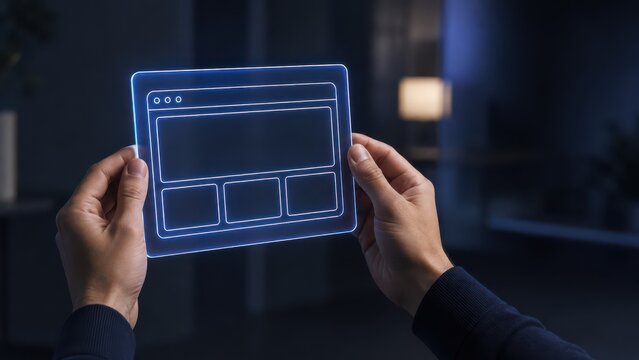 Hands holding a transparent glowing website wireframe panel