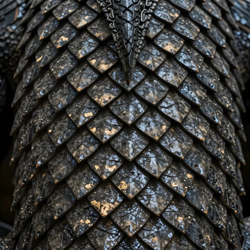 Fantasy armor texture dragon scale pattern with metallic gold accents and dark obsidian finish for gaming cosplay and creative design background