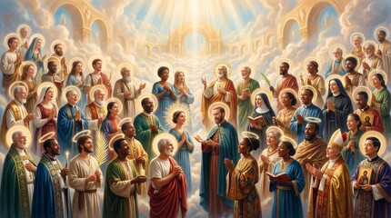 Fototapeta premium Crowd of saints and believers in heaven with halos praying and worshiping before divine light. All saints day celebration