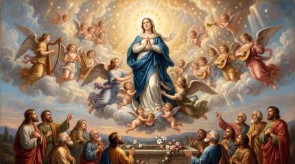 Fototapeta premium Assumption of virgin mary into heaven surrounded by angels and apostles. Woman praying among clouds with cherubs playing music. Religious painting for catholic feast and christian faith concept.