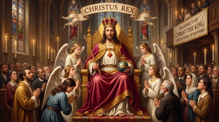 Fototapeta premium Jesus Christ as king sitting on throne with crown and scepter surrounded by praying angels and faithful people in gothic cathedral. Solemnity of Christ the King catholic feast