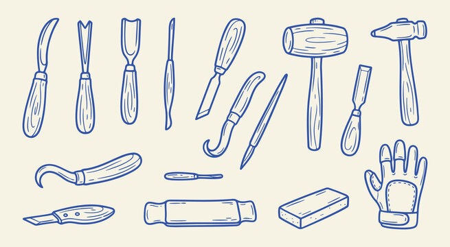 Doodle collection of wood carving tools, handdrawn doodle style vector illustration