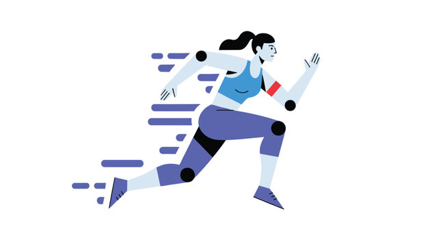 Female athlete running fast with motion blur effect represented by blue geometric lines on a clean white background.