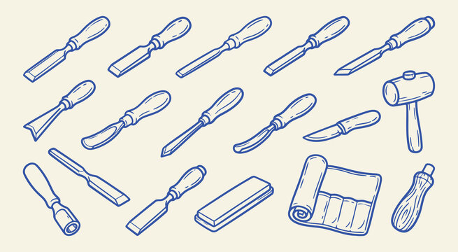 Doodle set of various wood carving chisels and tools, handdrawn doodle style vector illustration