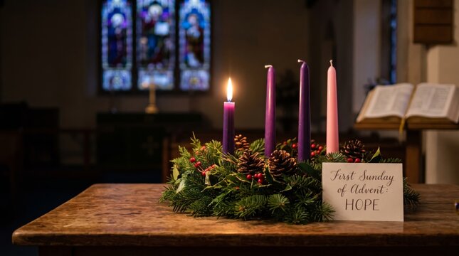 Advent wreath with one burning purple candle and card first Sunday of advent hope on wooden table in church. Christian tradition and waiting for Christmas. Stained glass window background