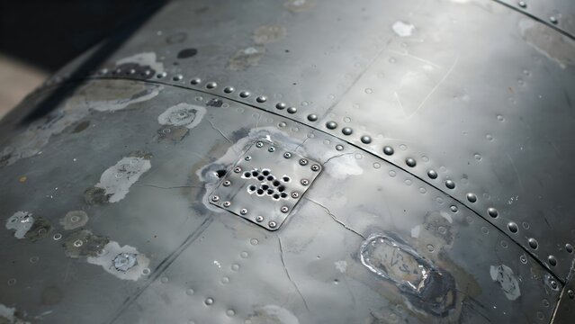 Close-up of an aircraft fuselage with weathered metal surface and rivets