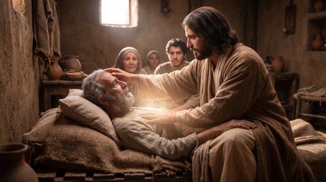 Jesus healing sick old man lying in bed with divine light. Biblical scene of miracle and compassion in ancient house. Faith, hope and mercy concept for Christian religion, Easter and church
