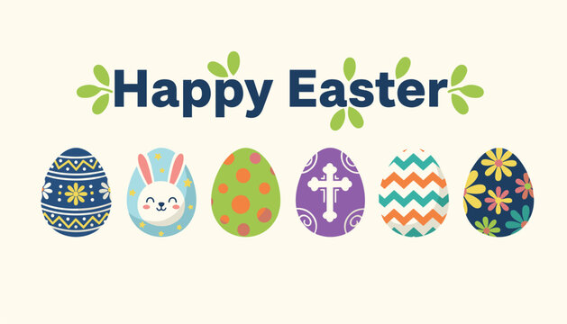Colorful row of decorated easter eggs with different patterns and a cute bunny face under the text happy easter.