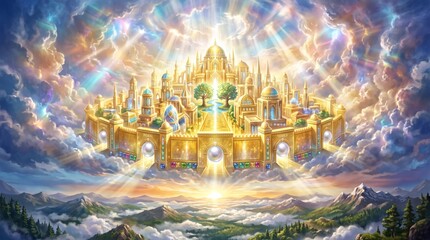 Fototapeta premium Heavenly golden city floating in clouds with pearly gates and gemstone walls. New Jerusalem celestial kingdom shining with divine light over