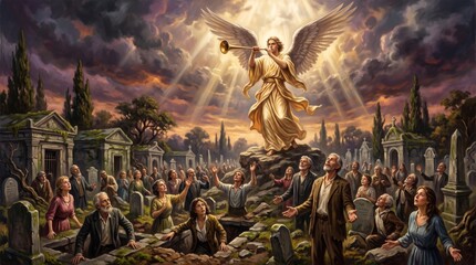 Fototapeta premium Angel blowing trumpet over graveyard at resurrection day. Biblical last judgment scene with people rising from graves
