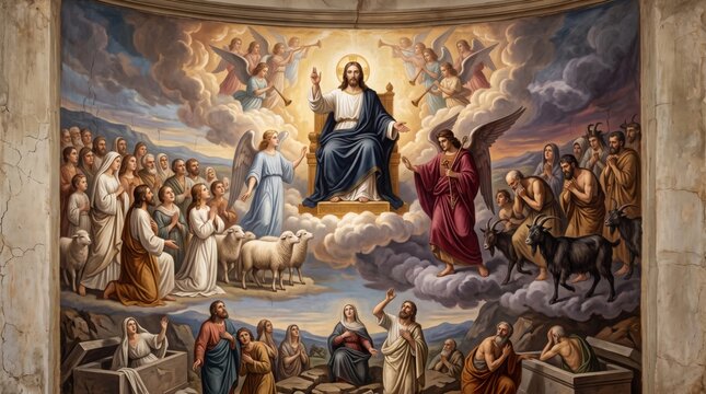 Religious fresco depicting last judgment scene with Jesus on throne surrounded by angels, saints and believers. Biblical mural painting in church showing resurrection and