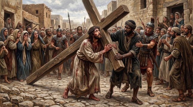 Jesus christ carrying wooden cross helped by simon of cyrene through ancient jerusalem street surrounded by roman soldiers and crying crowd. Stations of the cross biblical