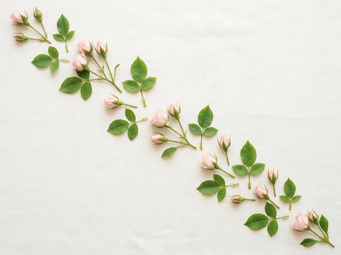 Delicate rose vine border with small pink buds and green leaves