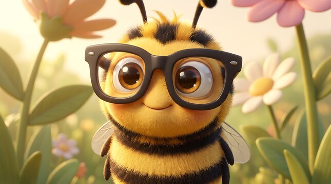 Adorable bumblebee wearing black glasses in a flower garden. Cute honeybee character with spectacles. Whimsical insect in a sunny meadow.