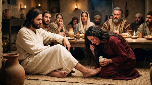 Crying woman washes feet of Jesus with tears and perfume at biblical dinner. Repentance and forgiveness scene with disciples at table in ancient house. Gospel story, faith and mercy concept