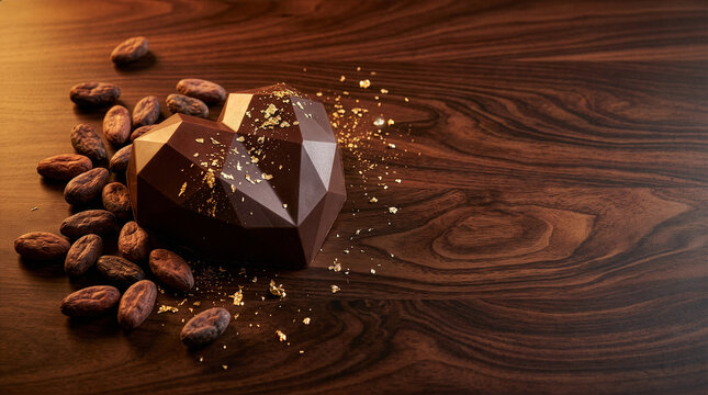 Valentine 280 Faceted Heart Shaped Dark Chocolate with Gold Leaf and Cocoa Beans on Dark Wooden Table（ダーク木目テーブルの上に置かれた金箔がかかったジュエルカットのハート型ダークチョコレートとカカオ豆）