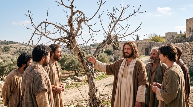Jesus teaching his disciples near barren fig tree in ancient village. Biblical parable scene about faith and repentance. Religious story from gospel for Christian education and church publication