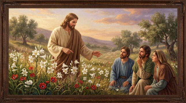 Jesus teaching disciples in field of lilies and flowers. Biblical scene of sermon on nature and faith. Christian religious painting for church decoration, Easter and Bible study illustration.