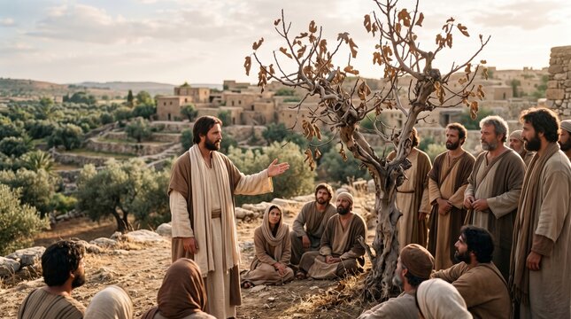 Jesus teaching parable to disciples near withered fig tree in ancient Judean village. Biblical scene of preaching and faith in