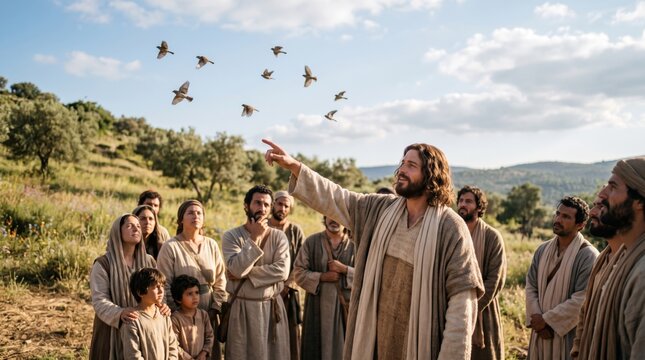 Jesus Christ preaching to crowd of people pointing at birds flying in sky. Biblical scene of messiah teaching parables to followers on green