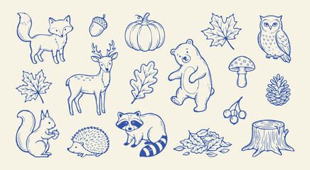 Fototapeta premium Doodle set of autumn forest elements including woodland animals, seasonal plants, and nature icons in a handdrawn style