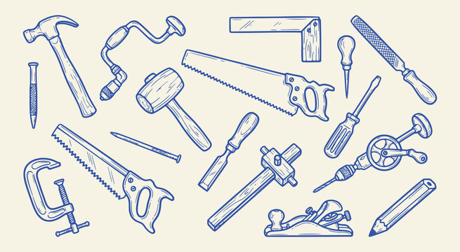Doodle collection of carpentry and construction tools, handdrawn vector illustration of woodworking equipment, saws, hammers, and drills