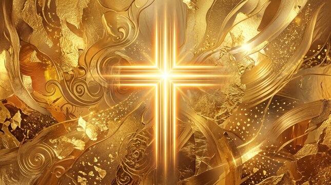 Glowing christian cross on luxurious golden abstract background with ornate swirls and light rays. Religious faith and spirituality concept. Easter, Christmas and church celebration background.