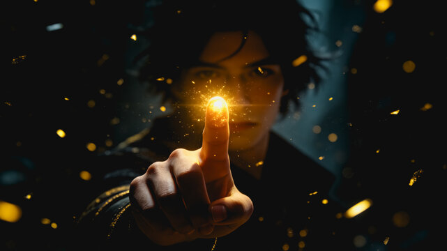 Young man extends glowing finger casting magical sparkles in dark space