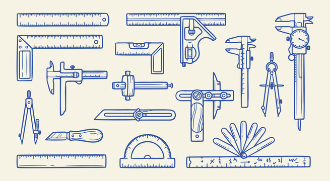 Doodle set of professional measuring and marking tools for woodworking and carpentry including rulers, calipers, squares, and gauges in a handdrawn style