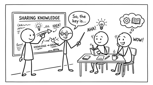 Stick figures participating in a knowledge sharing workshop.