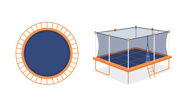 Comparison of two trampoline designs features a simple round jumping mat and a large rectangular model with safety netting.
