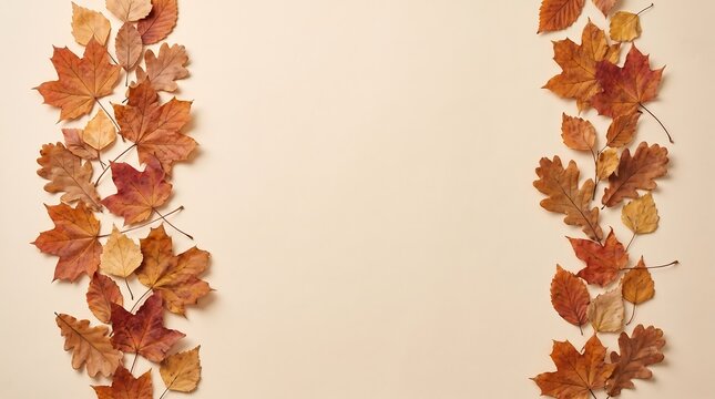 Two vertical borders of colorful autumn leaves on a light beige background with copy space