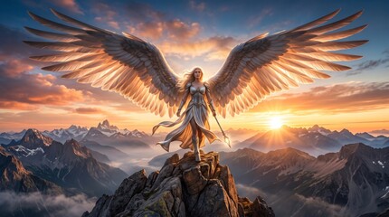 Fototapeta premium Beautiful woman angel with large white wings standing on mountain peak at sunset holding magic staff. Fantasy warrior goddess in armor over dramatic sky with