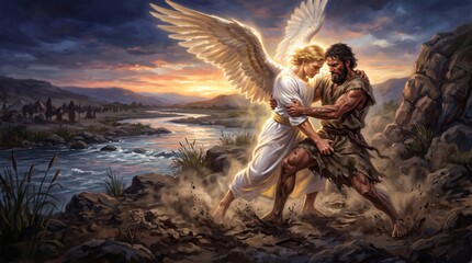 Fototapeta premium Angel wrestling with man by river at sunset. Biblical scene of Jacob fighting with divine messenger. Religious painting about faith, struggle and