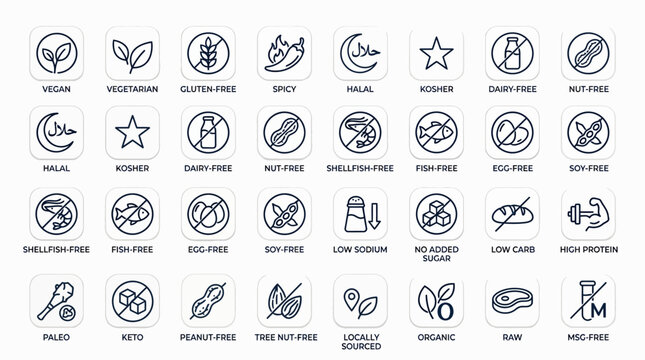 Food Dietary Line Icon Set Vegan Gluten Free Halal Kosher Allergy