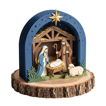 Layered paper cut Nativity scene with holy family