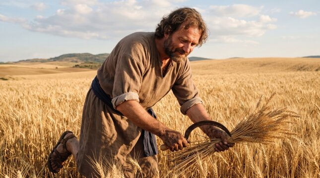 Man farmer harvesting wheat with sickle in golden field at sunset. Biblical style peasant reaping grain crop. Traditional agriculture, harvest season and rural labor concept.