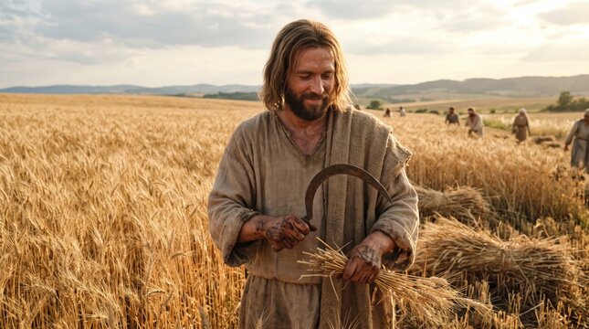Man in biblical tunic holding sickle and wheat in golden field. Farmer harvesting grain at sunset. Ancient agriculture and biblical harvest concept for religion and tradition themes