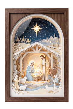 Layered papercut nativity scene in frame