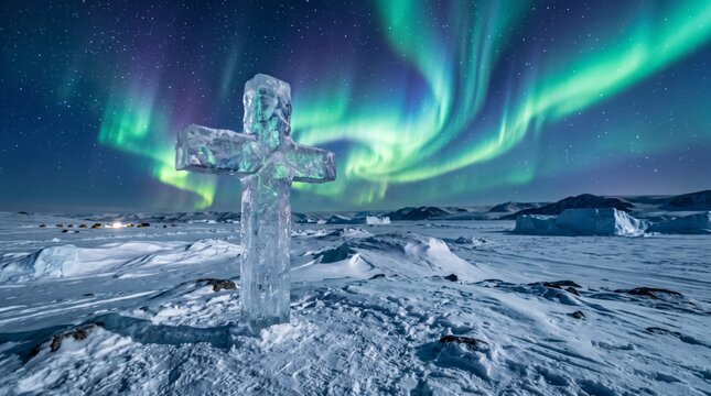 Ice cross standing on snowy arctic landscape under northern lights. Christian faith symbol with aurora borealis in night sky. Religion, winter and spirituality concept for Christmas and Easter