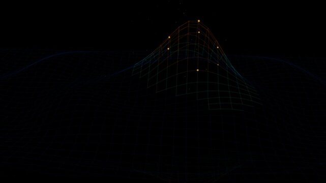Futuristic digital wireframe mountain with glowing data points on a dark cyberspace background