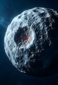 Asteroid impact and space exploration, large rocky celestial body with glowing crater in deep space orbit for planetary science and astronomy research
