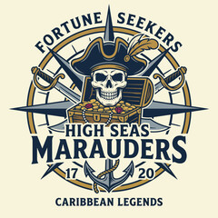 Fototapeta premium This graphic features a pirate skull, treasure chest, and crossed swords, capturing the adventurous spirit of the high seas and the allure of treasure hunting.