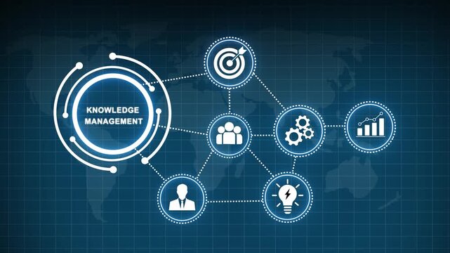 Digital knowledge management system infographic with interconnected business global network connectivity, data analytics, and strategic planning concepts for corporate digital transformation projects