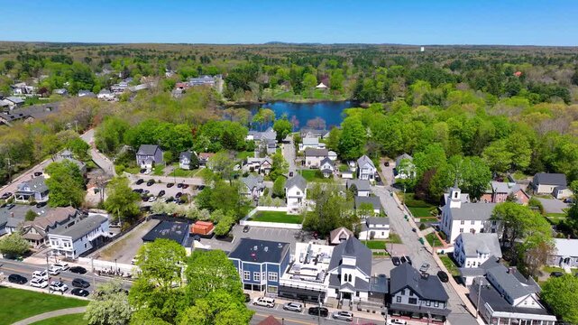 Shovelshop Pond aerial view in spring in village of North Easton, town of Easton, Bristol County, Massachusetts MA, USA. 