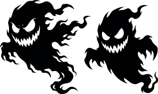 Two menacing black shadowy figures with sharp teeth and glowing eyes against white