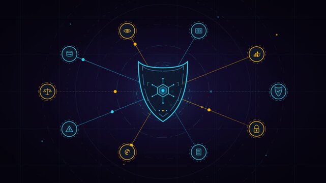 Cybersecurity shield concept with interconnected glowing data nodes and security icons on dark background