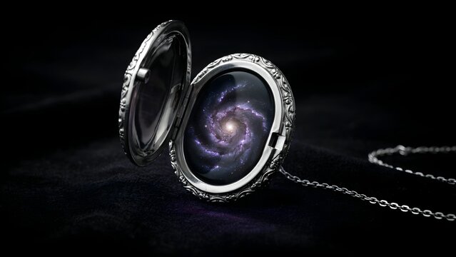 Ornate silver pocket watch with galaxy spiral design on a dark background