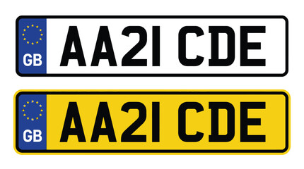 Fototapeta premium British vehicle registration number plates featuring white and yellow backgrounds with official blue european union identifiers