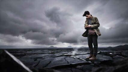 Fototapeta premium Young Man Standing Alone on Dark Stormy Coastal Landscape with Overcast Sky